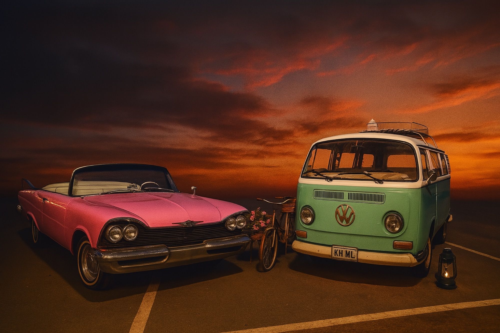 Film shoot, Chrysler and VW Kombi at sunset